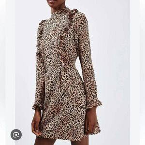 Topshop Women’s Leopard Print Ruffle Midi Dress Size 6 Petite Animal Print